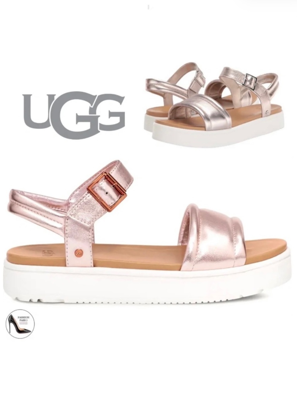Ugg Zayne Bronze Metalic Leather Open Toe White Platform Ankle strap Sandals 8